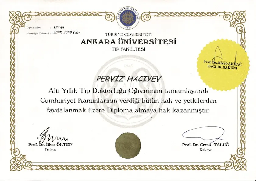 Ankara Universiteti Tibb fakültəsinin diplomu