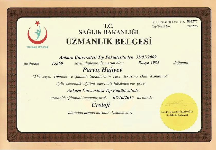 Urologiya üzrə mütəxəssis sertifikatı
